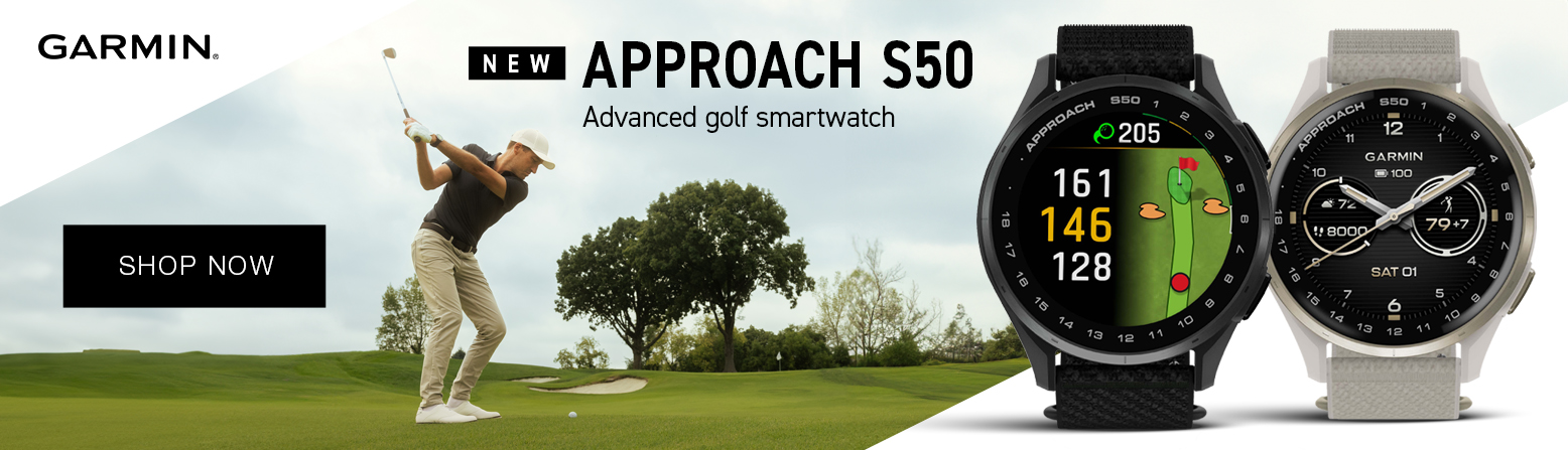 Garmin Approach S50 GPS Watch Now Available at Rock Bottom Golf brand page - desktop image